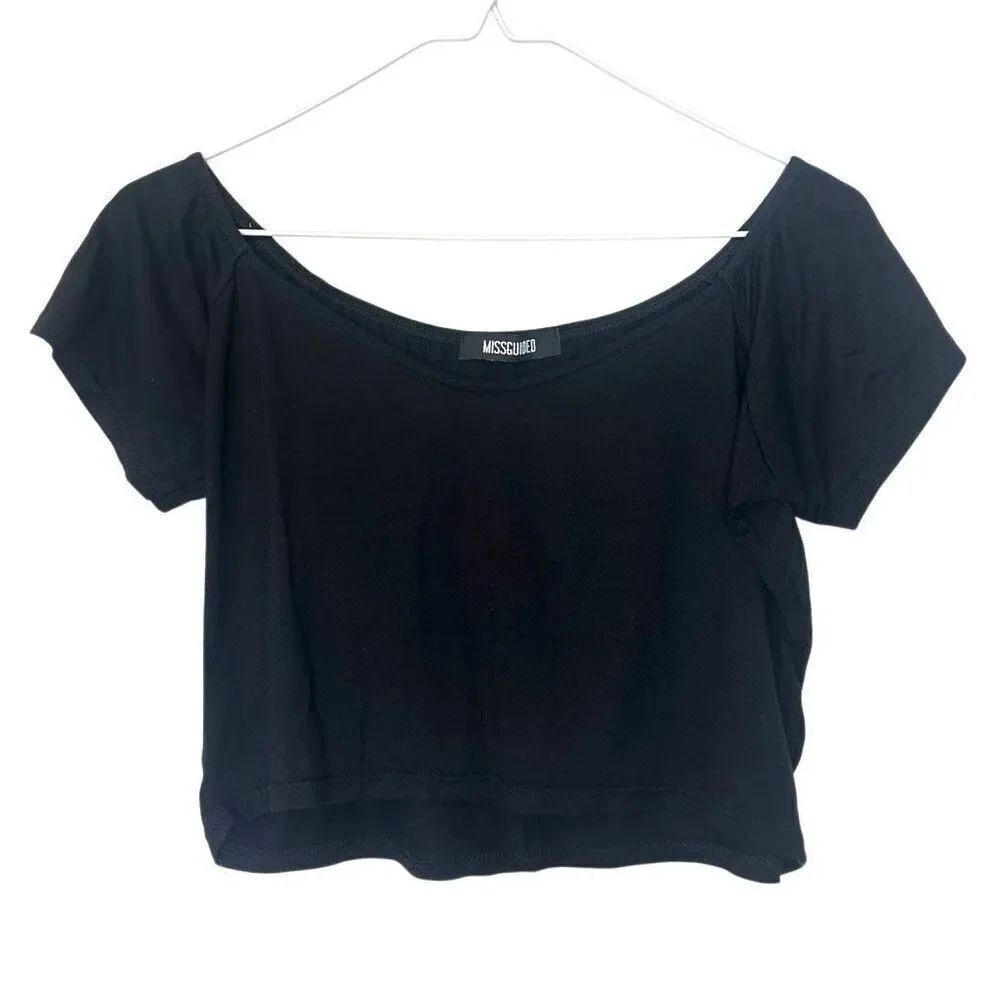 Missguided Short Sleeve Off The Shoulder Stretch Cropped Black Tee Size 10